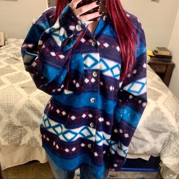 Vintage Tops - Vintage Oversized Button Up Fleece Shirt Jacket